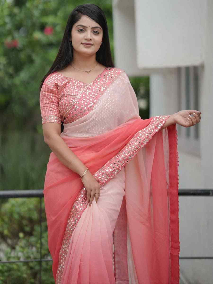 Peach Heavy Faux Georgette Embroidery Bridal Festival Wedding Traditional Fancy Heavy Border Sarees