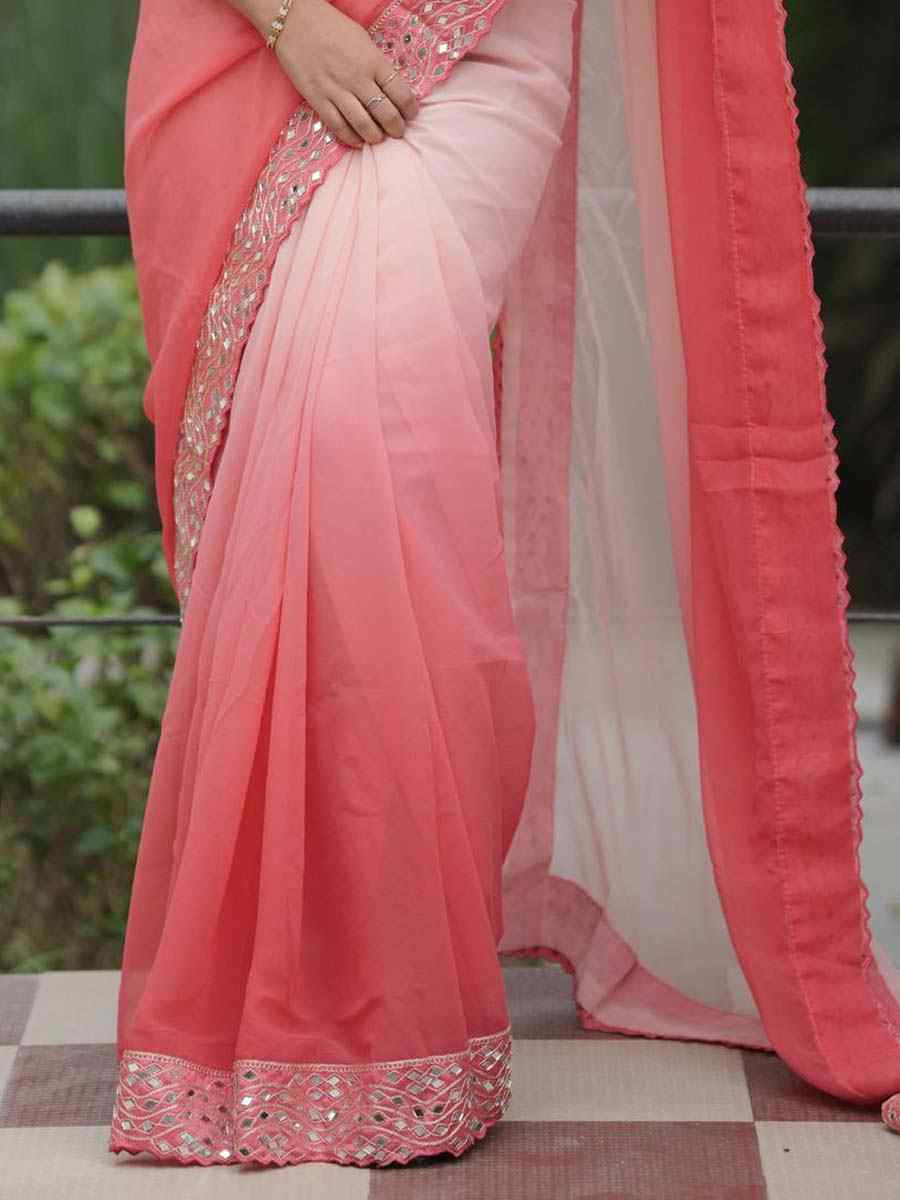 Peach Heavy Faux Georgette Embroidery Bridal Festival Wedding Traditional Fancy Heavy Border Sarees