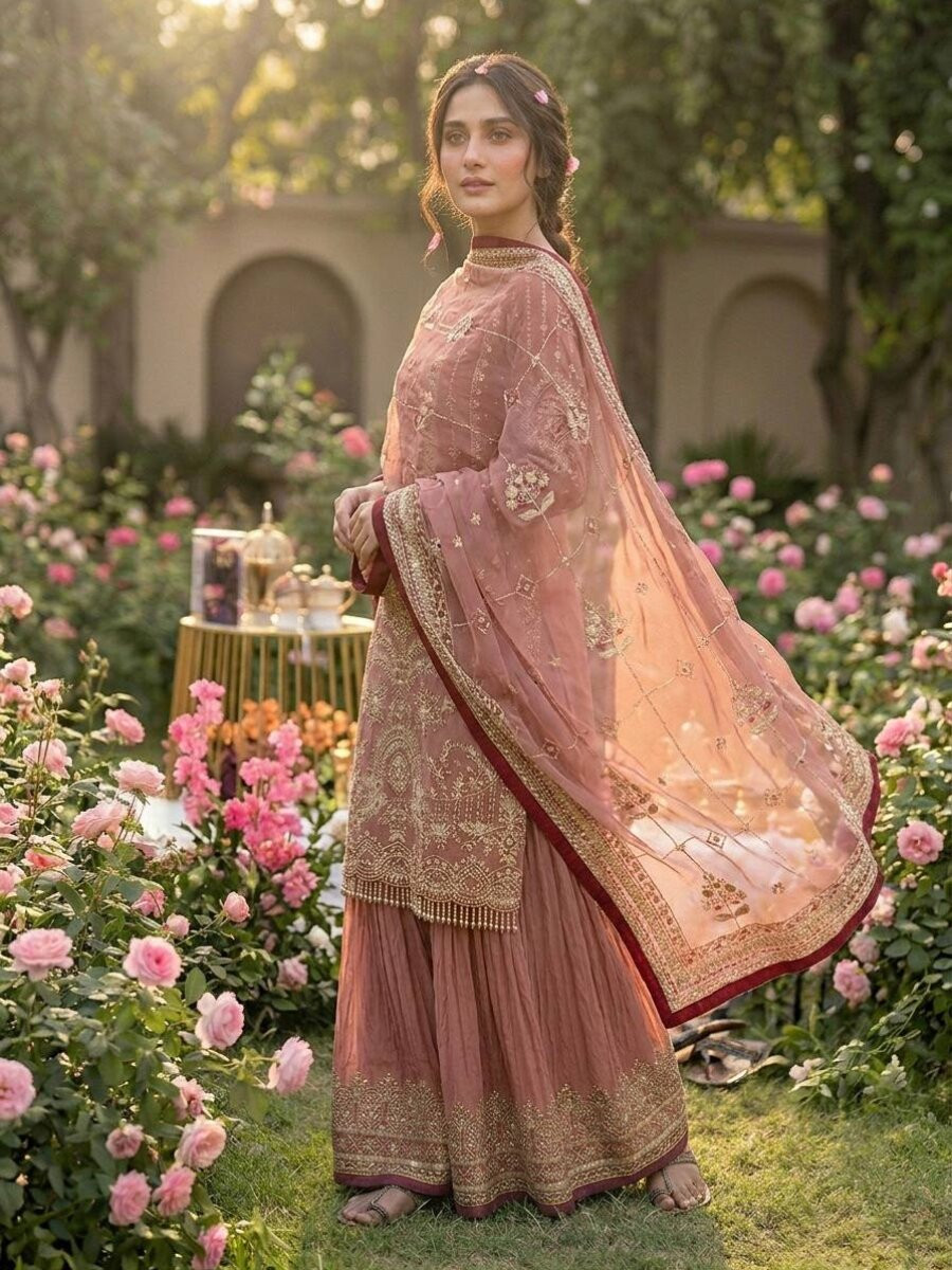 Peach Heavy Faux Georgette Embroidery Wedding Party Festival Casual Ready Sharara Pant Salwar Kameez