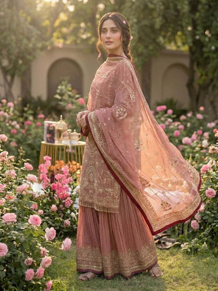 Image of Peach Heavy Faux Georgette Embroidery Wedding Party Festival Casual Ready Sharara Pant Salwar Kameez