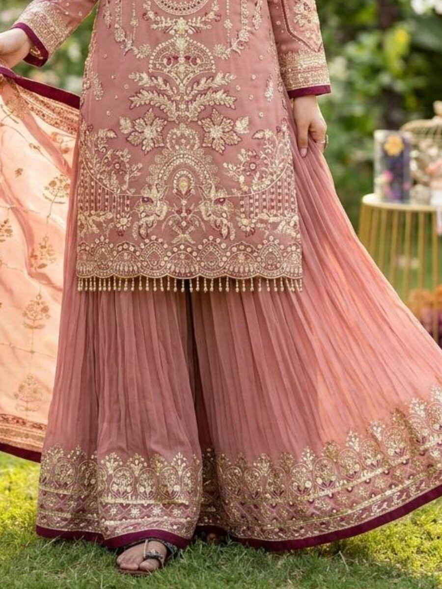 Peach Heavy Faux Georgette Embroidery Wedding Party Festival Casual Ready Sharara Pant Salwar Kameez