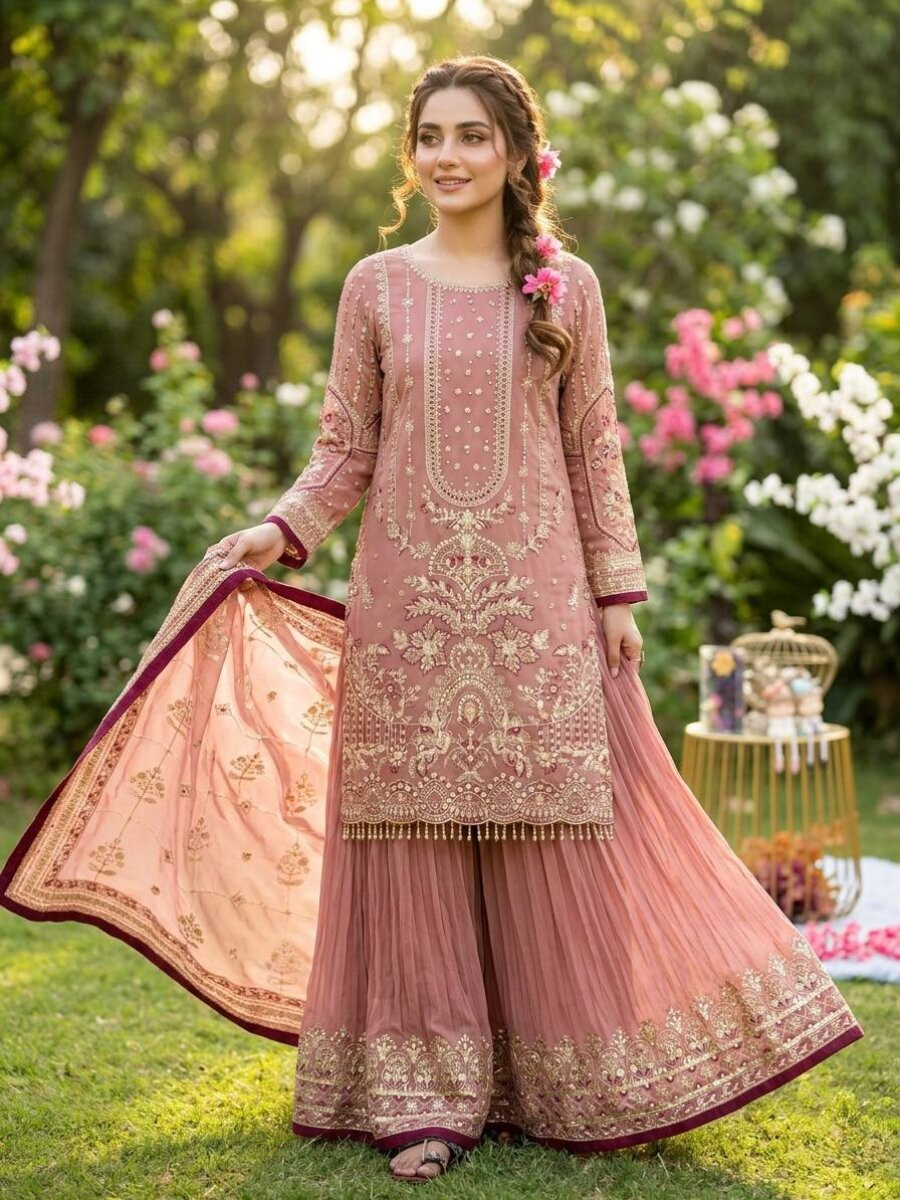 Peach Heavy Faux Georgette Embroidery Wedding Party Festival Casual Ready Sharara Pant Salwar Kameez
