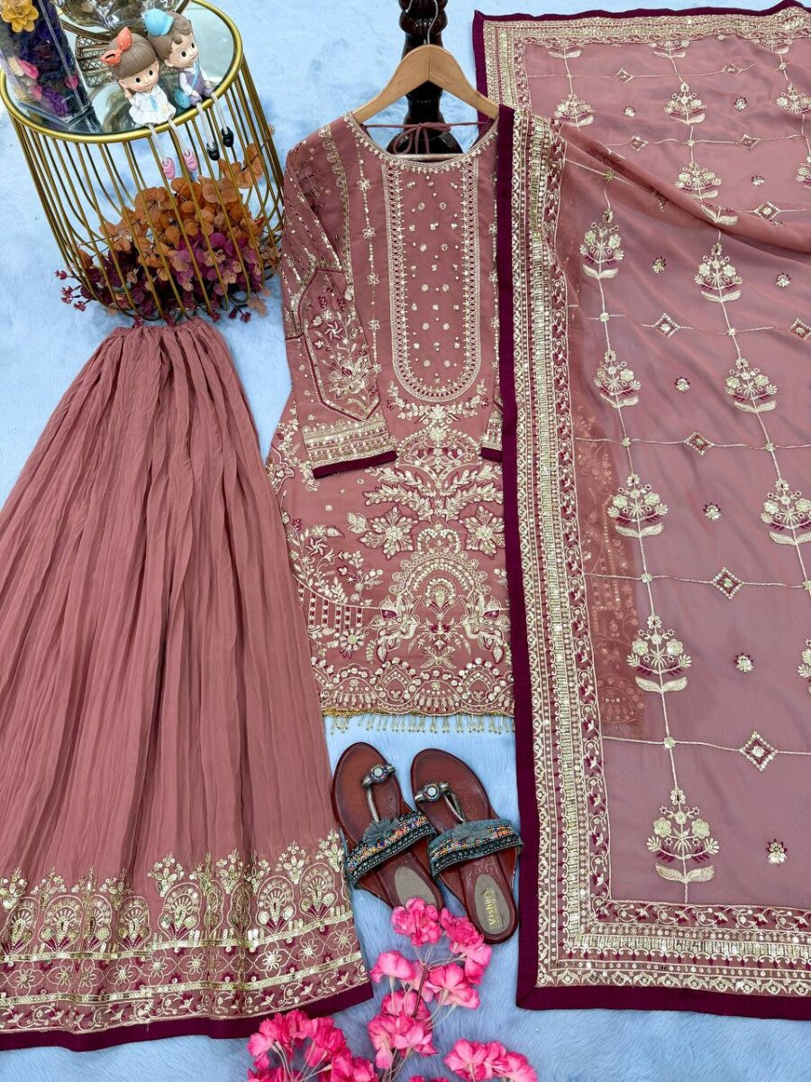 Peach Heavy Faux Georgette Embroidery Wedding Party Festival Casual Ready Sharara Pant Salwar Kameez