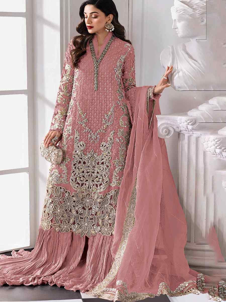 Peach Heavy Fox Georgette Embroidered Festival Wedding Palazzo Pant Salwar Kameez