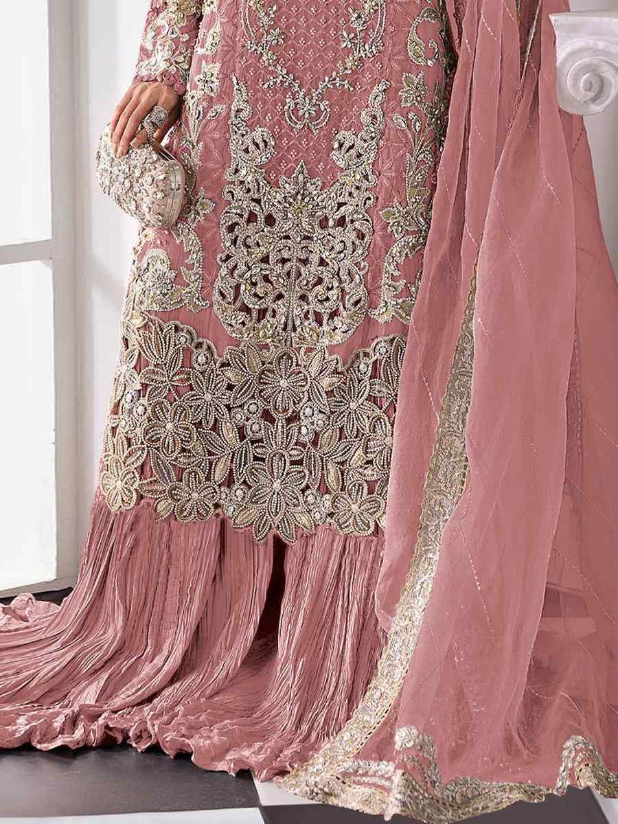 Peach Heavy Fox Georgette Embroidered Festival Wedding Palazzo Pant Salwar Kameez