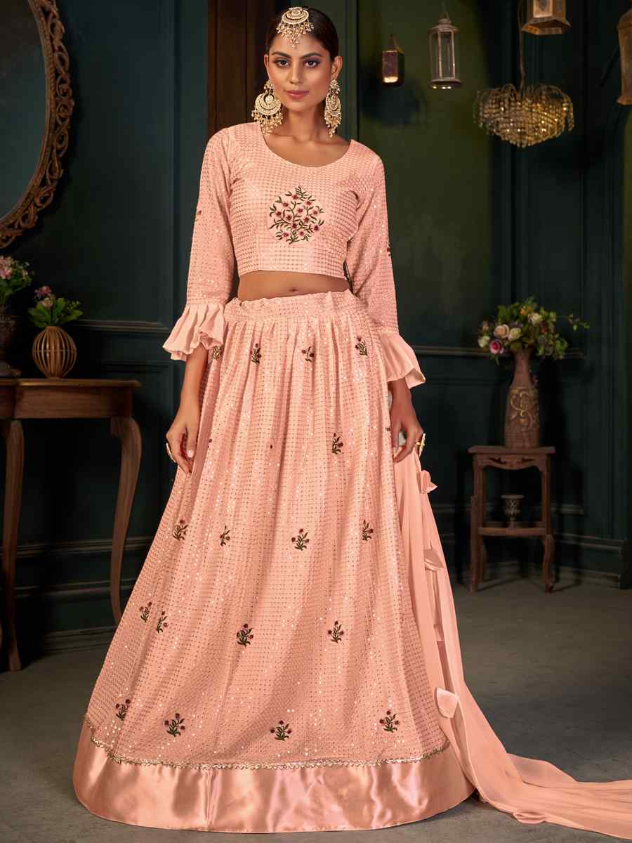 Peach Heavy Georgette Embroidered Festival Party Wear Heavy Border Lehenga Choli