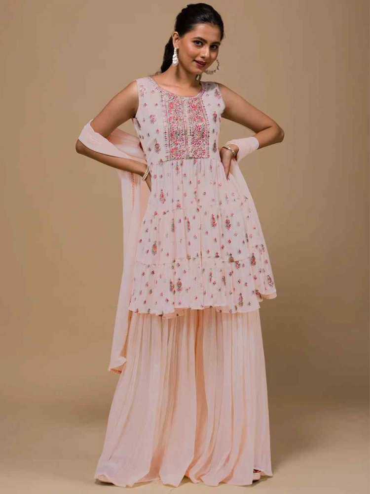 Peach Heavy Georgette Embroidered Festival Wedding Palazzo Pant Salwar Kameez