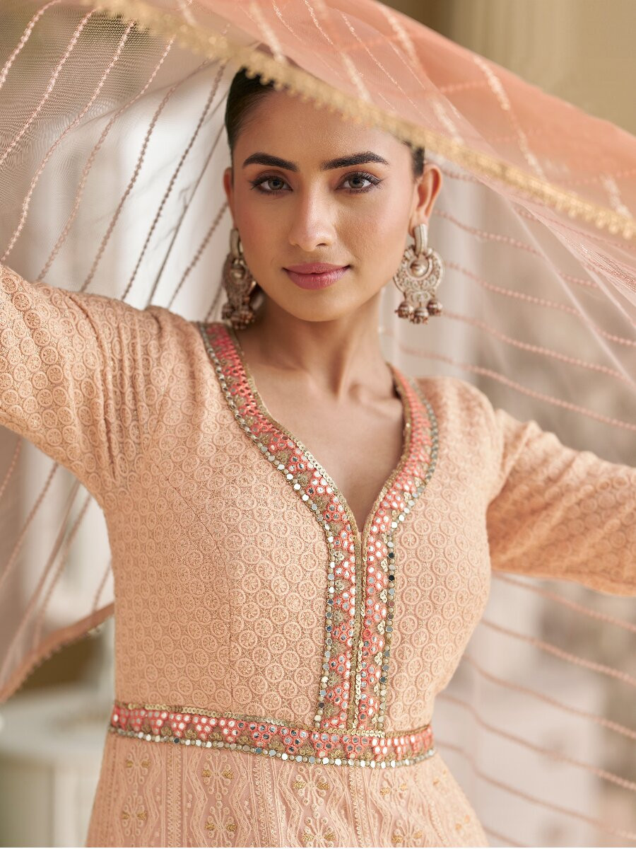 Peach Heavy Georgette Embroidery Wedding Party Festival Casual Ready Anarkali Salwar Kameez