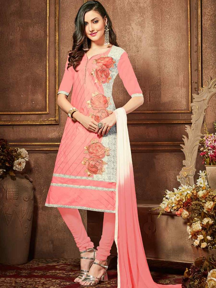 Peach Heavy Glass Cotton Embroidered Casual Festival Churidar Salwar Kameez