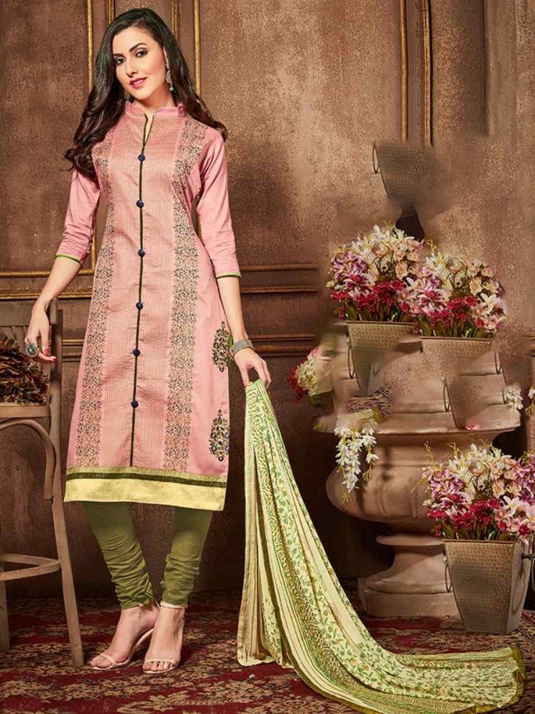 Peach Heavy Glass Cotton Embroidered Casual Festival Churidar Salwar Kameez