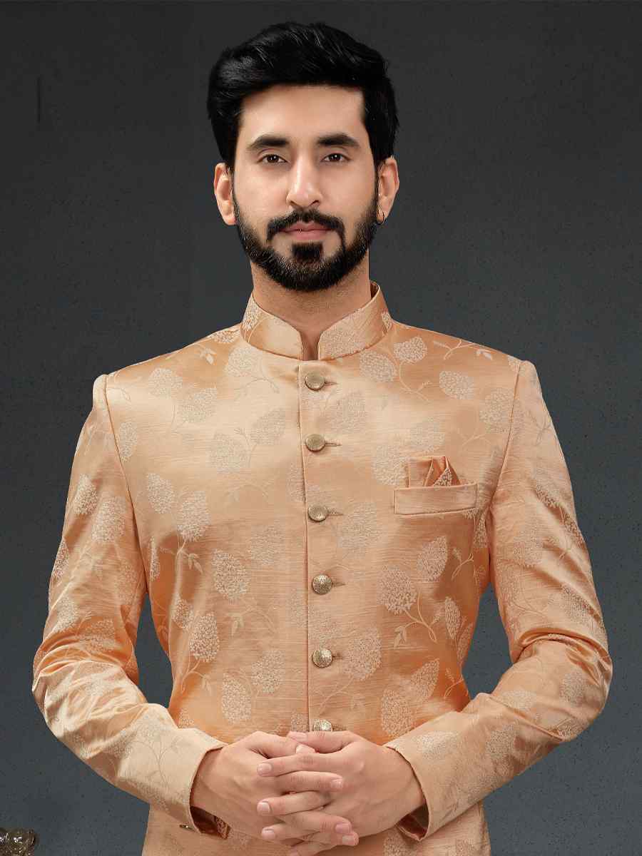 Peach Heavy Imported Jacquard Woven Groom Wedding Sherwani