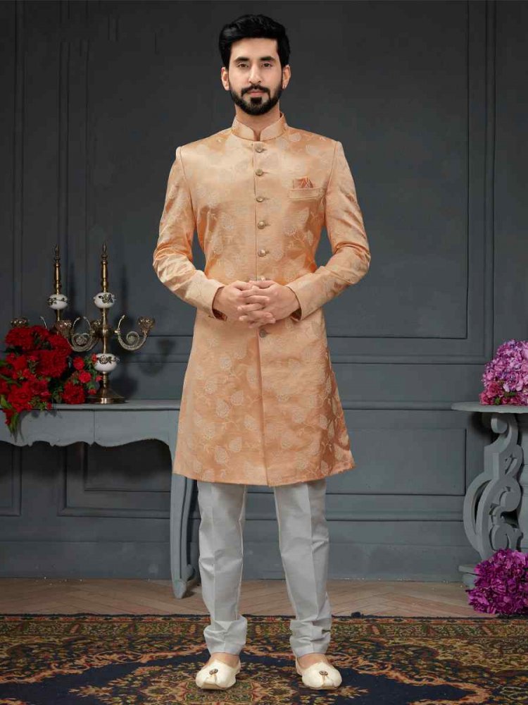 Peach Heavy Imported Jacquard Woven Groom Wedding Sherwani