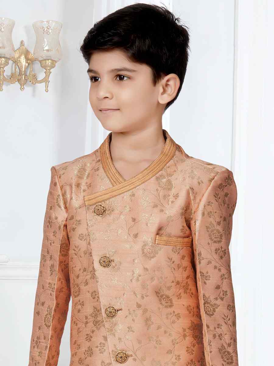 Peach Heavy Jacquard Floral Party Festival Kurta Pyjama Boys Wear
