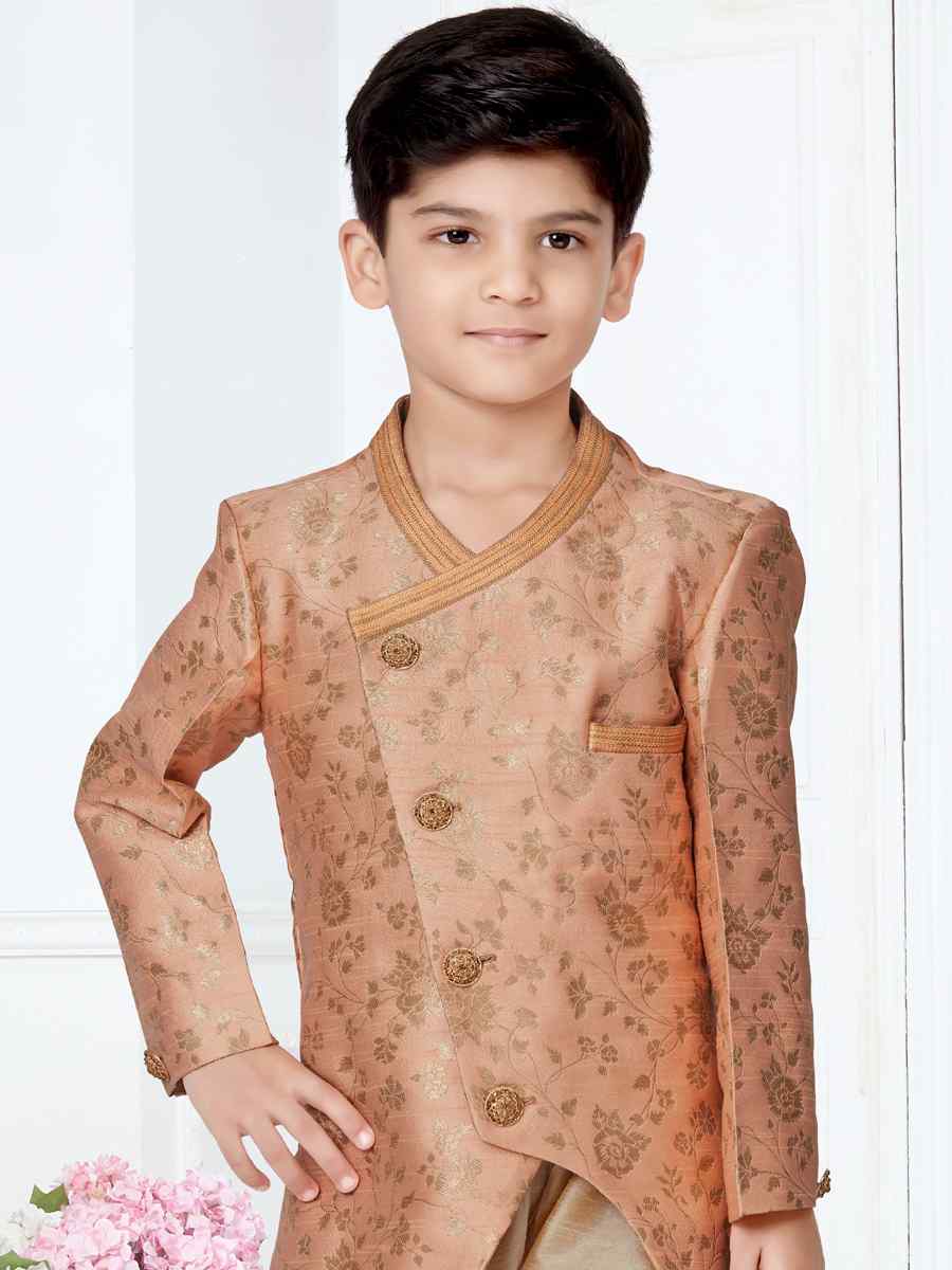 Peach Heavy Jacquard Floral Party Festival Kurta Pyjama Boys Wear