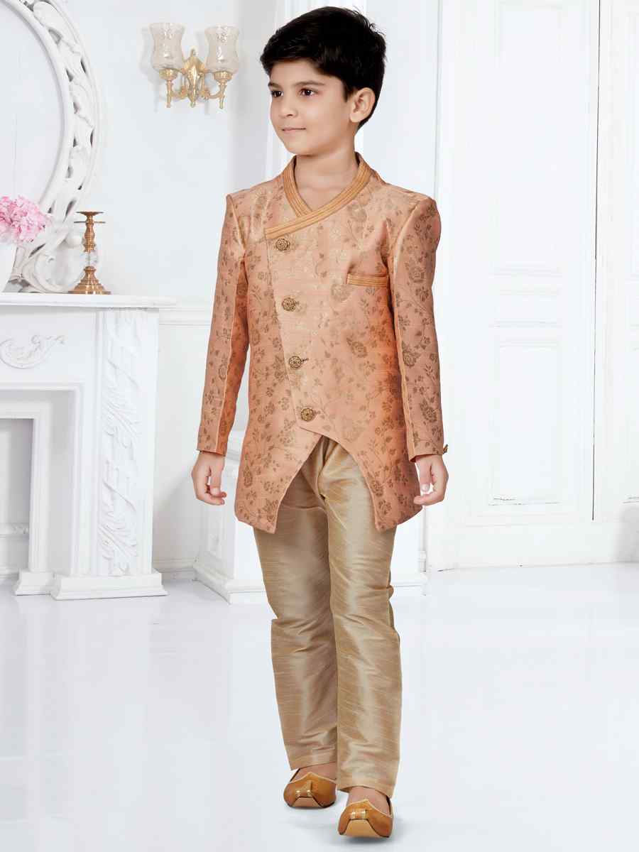Peach Heavy Jacquard Floral Party Festival Kurta Pyjama Boys Wear