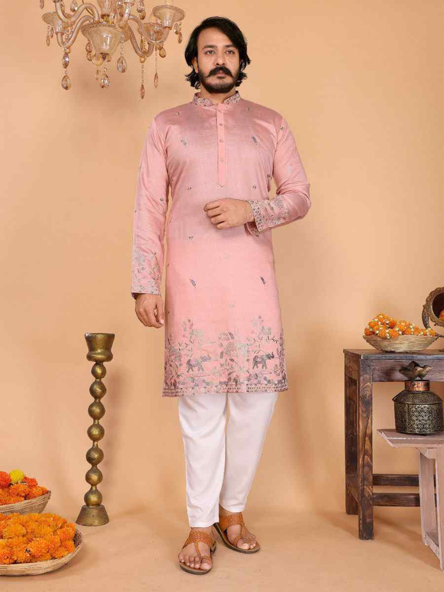 Peach Heavy Linen Cotton Embroidery And Printed Festival Wedding Party Mens Kurta