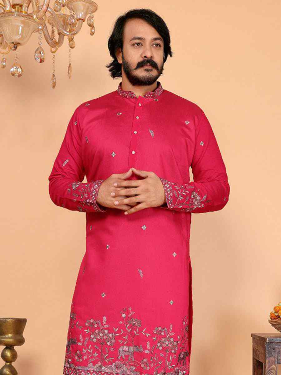 Peach Heavy Linen Cotton Embroidery And Printed Festival Wedding Party Mens Kurta