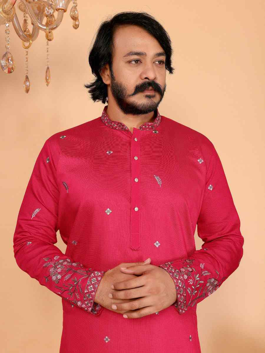 Peach Heavy Linen Cotton Embroidery And Printed Festival Wedding Party Mens Kurta