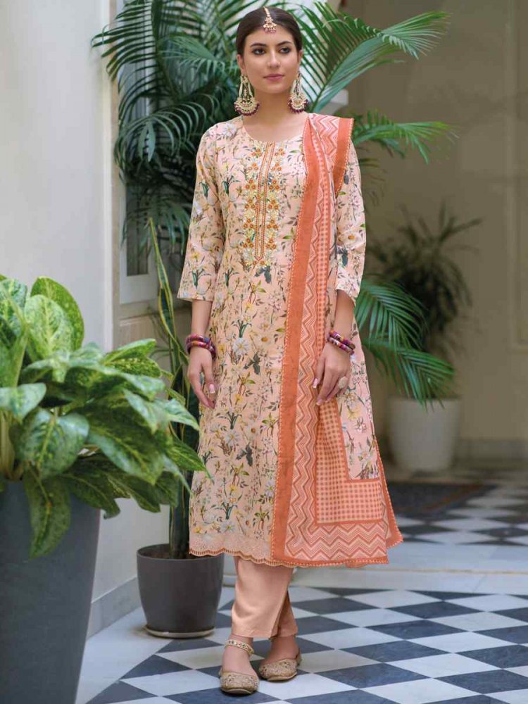 Peach Heavy Linen Embroidered Festival Casual Ready Pant Salwar Kameez