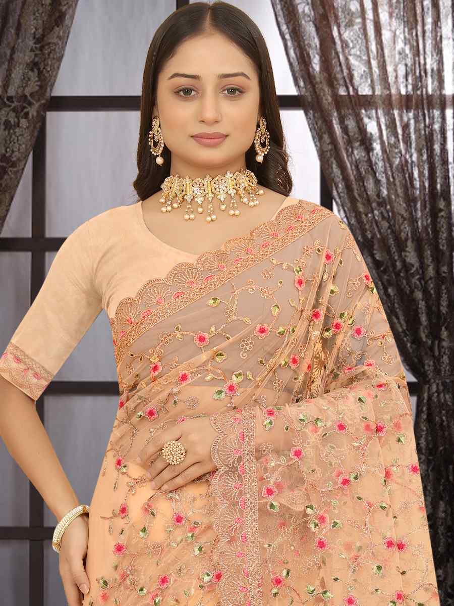 Peach Heavy Net Embroidered Party Festival Heavy Border Saree