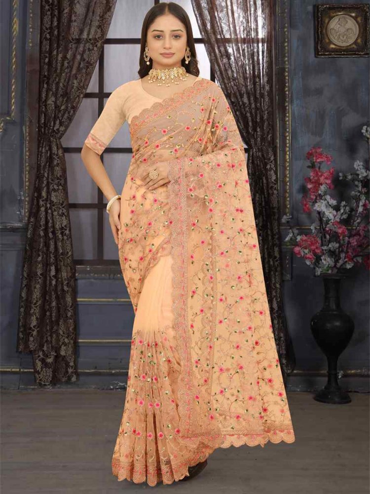 Peach Heavy Net Embroidered Party Festival Heavy Border Saree