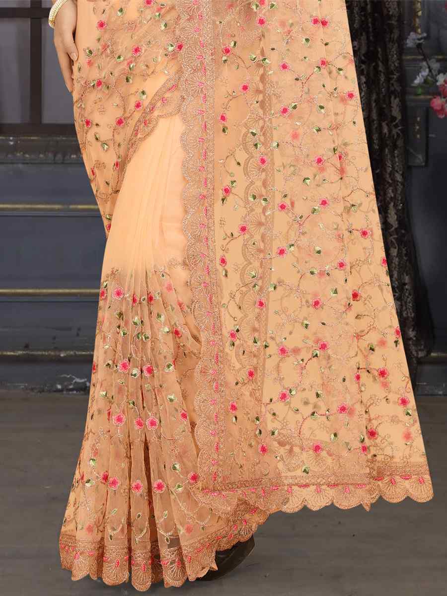 Peach Heavy Net Embroidered Party Festival Heavy Border Saree