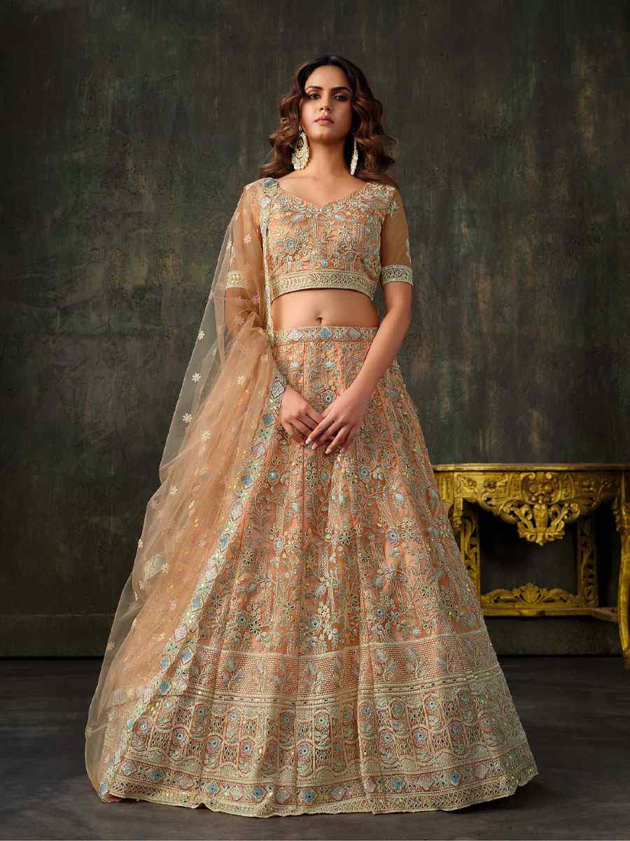 Peach Heavy Net With Banglory Silk Inner Embroidered Printed Wedding Reception Festival Heavy Border Lehenga Choli