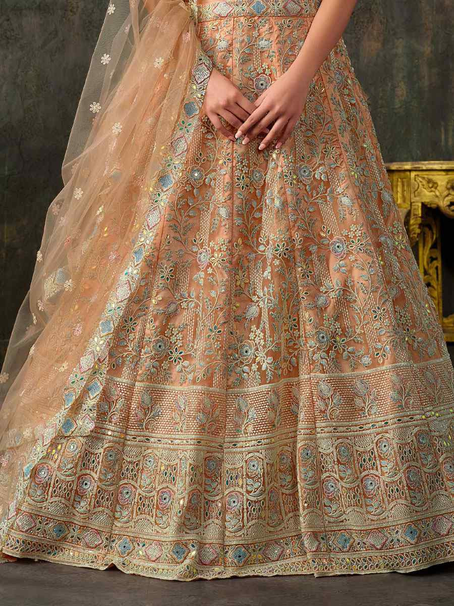 Peach Heavy Net With Banglory Silk Inner Embroidered Printed Wedding Reception Festival Heavy Border Lehenga Choli