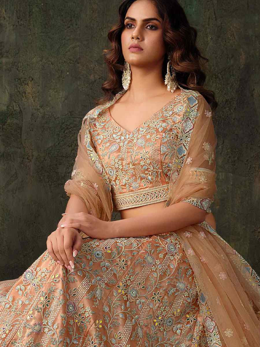Peach Heavy Net With Banglory Silk Inner Embroidered Printed Wedding Reception Festival Heavy Border Lehenga Choli
