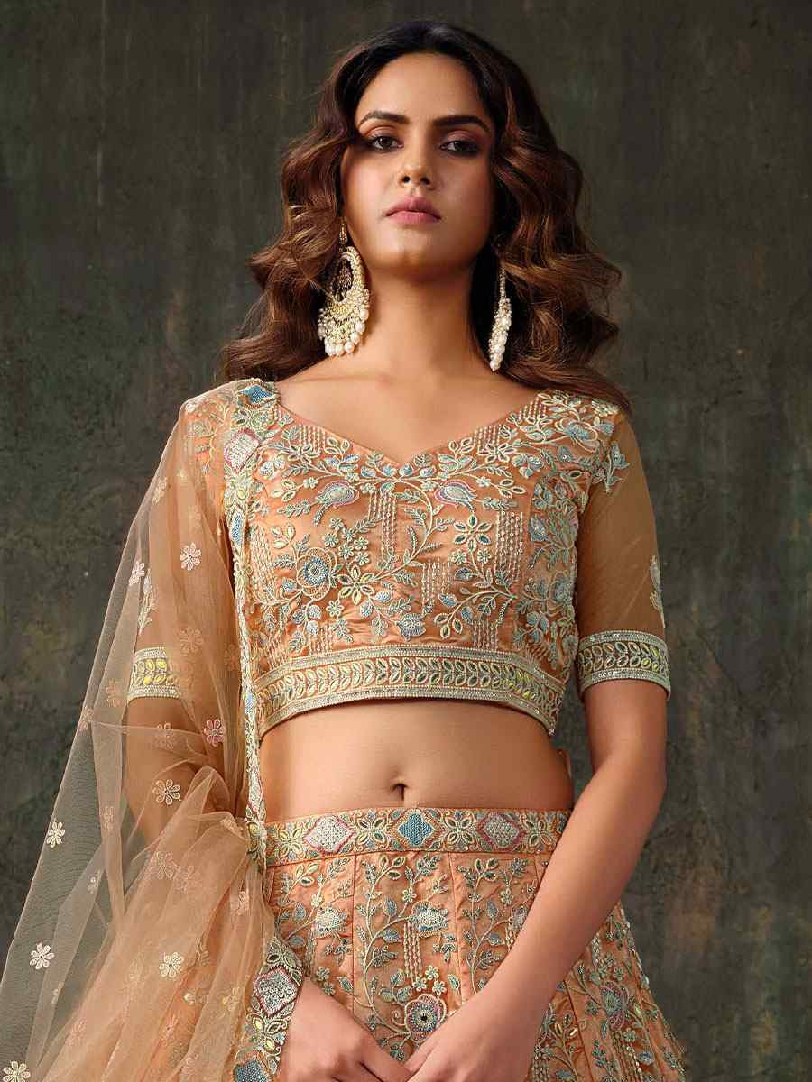 Peach Heavy Net With Banglory Silk Inner Embroidered Printed Wedding Reception Festival Heavy Border Lehenga Choli