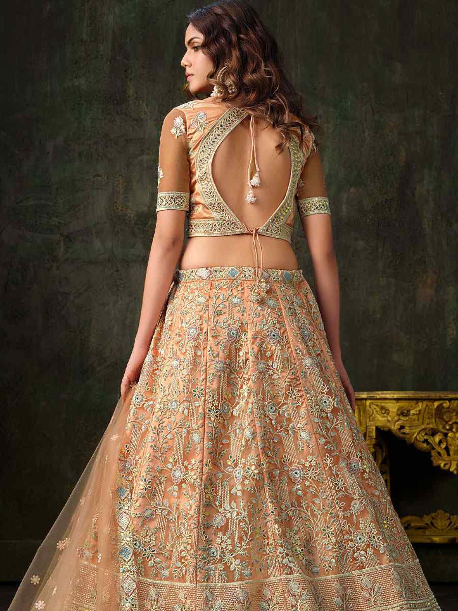 Peach Heavy Net With Banglory Silk Inner Embroidered Printed Wedding Reception Festival Heavy Border Lehenga Choli