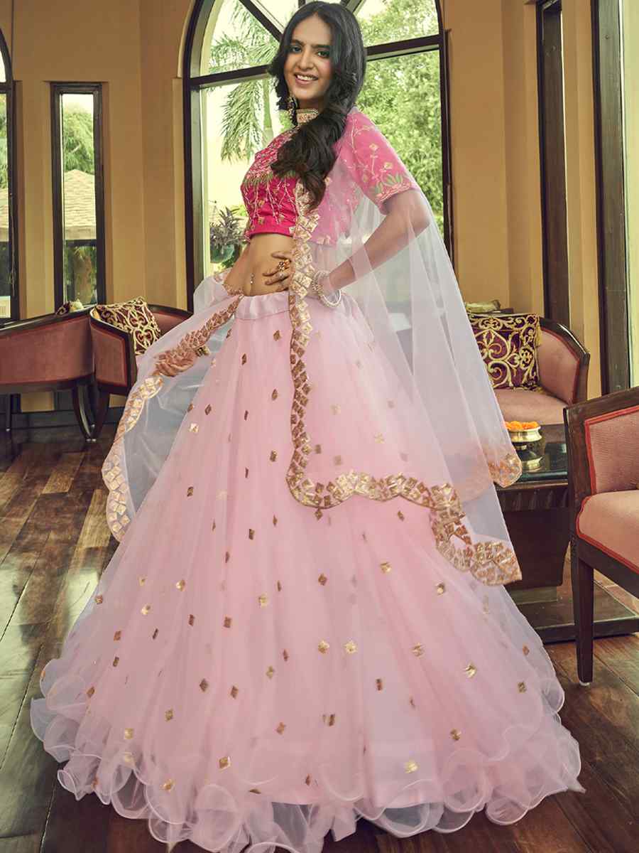 Peach Heavy Nylon Net Embroidered Party Wear Festival Circular Lehenga Choli