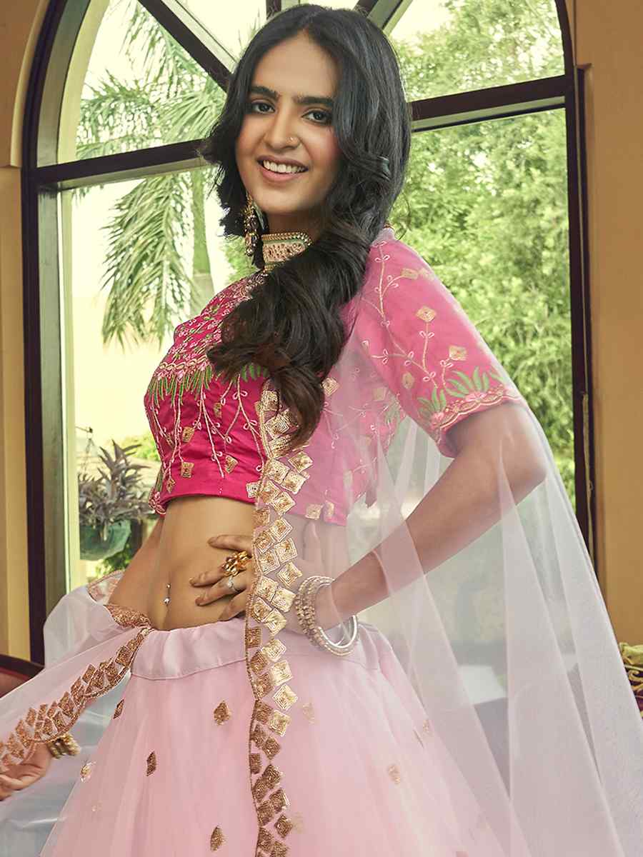 Peach Heavy Nylon Net Embroidered Party Wear Festival Circular Lehenga Choli