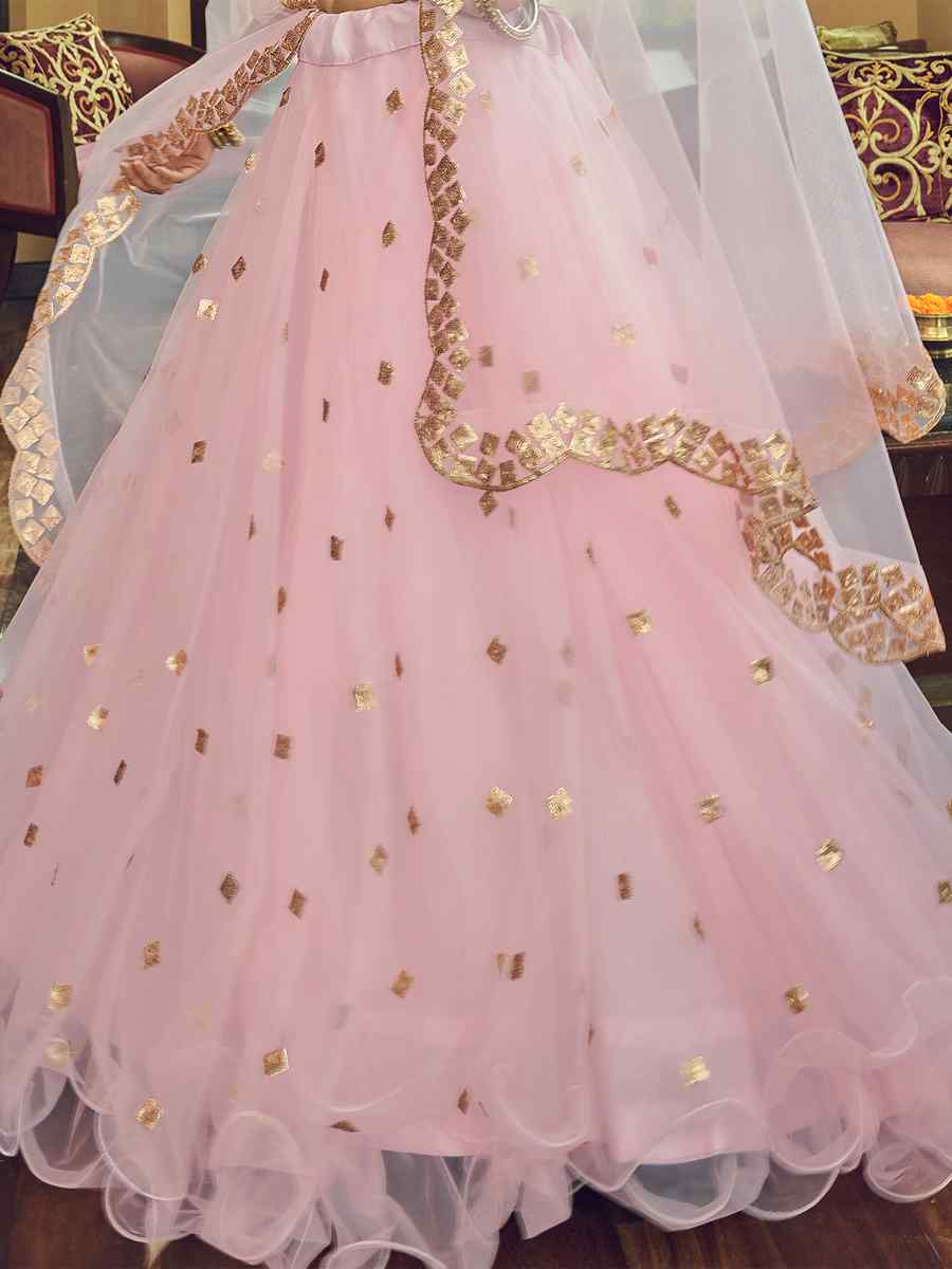 Peach Heavy Nylon Net Embroidered Party Wear Festival Circular Lehenga Choli