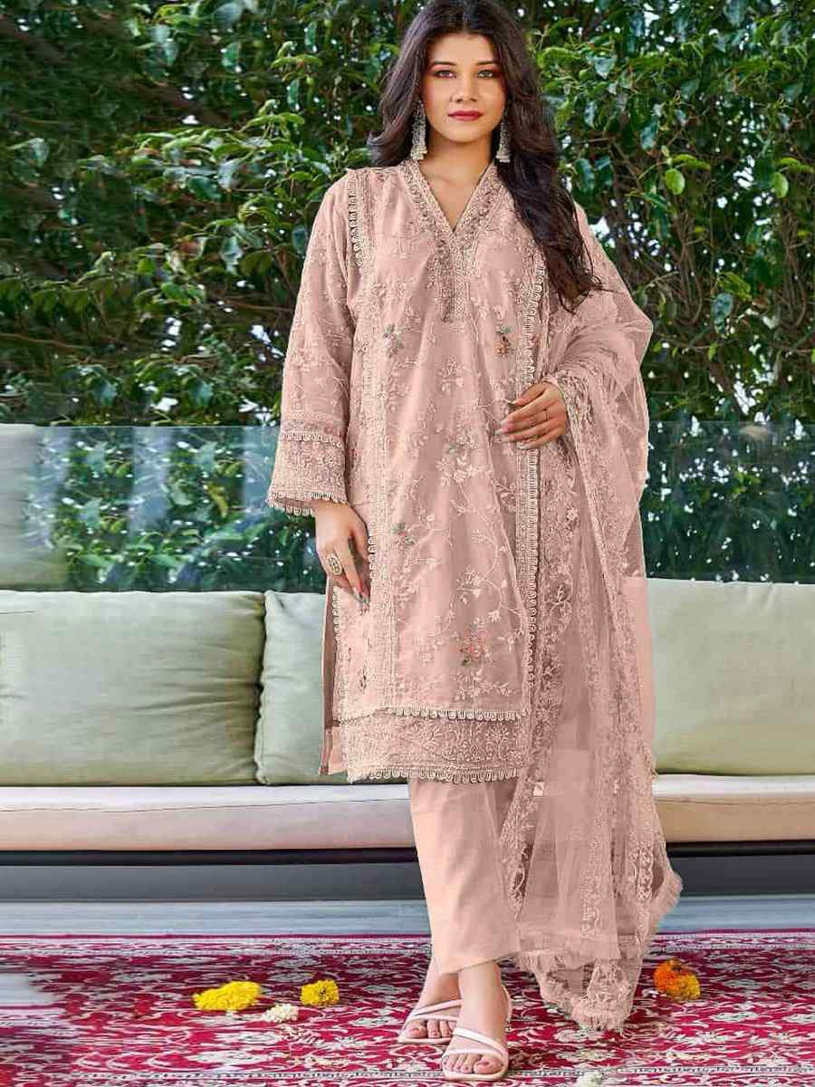 Peach Heavy Organza Embroidered Festival Casual Pant Salwar Kameez