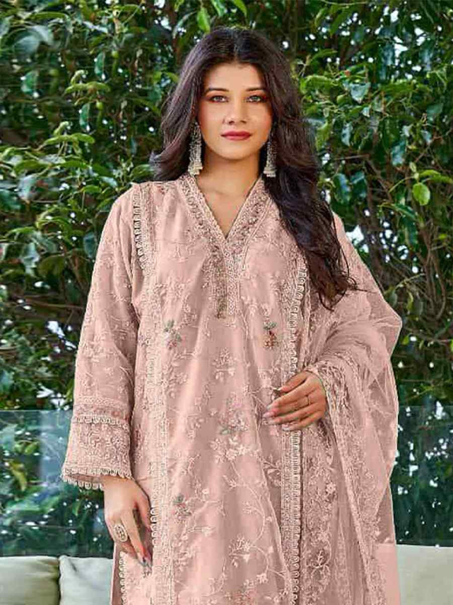 Peach Heavy Organza Embroidered Festival Casual Pant Salwar Kameez