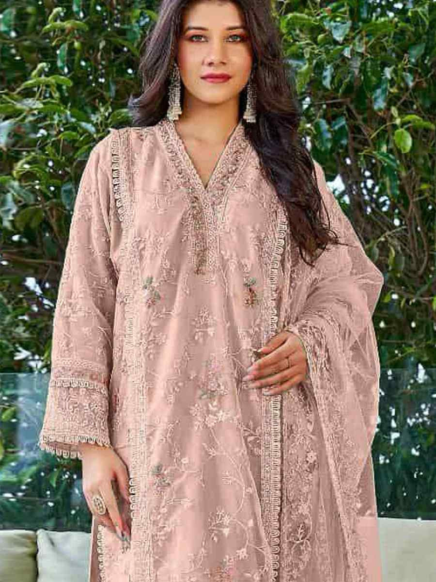 Peach Heavy Organza Embroidered Festival Casual Pant Salwar Kameez
