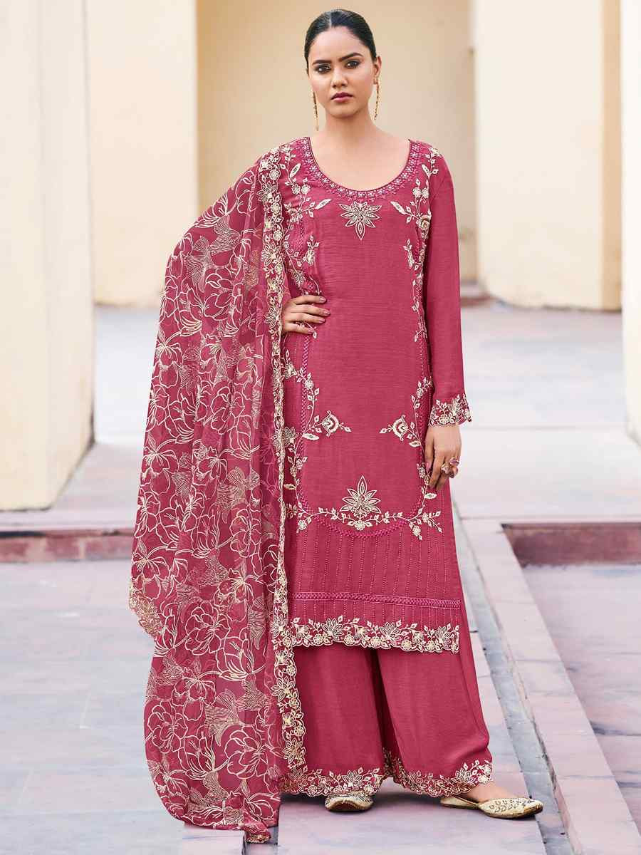 Peach Heavy Premium Chinon Embroidered Festival Wedding Palazzo Pant Salwar Kameez