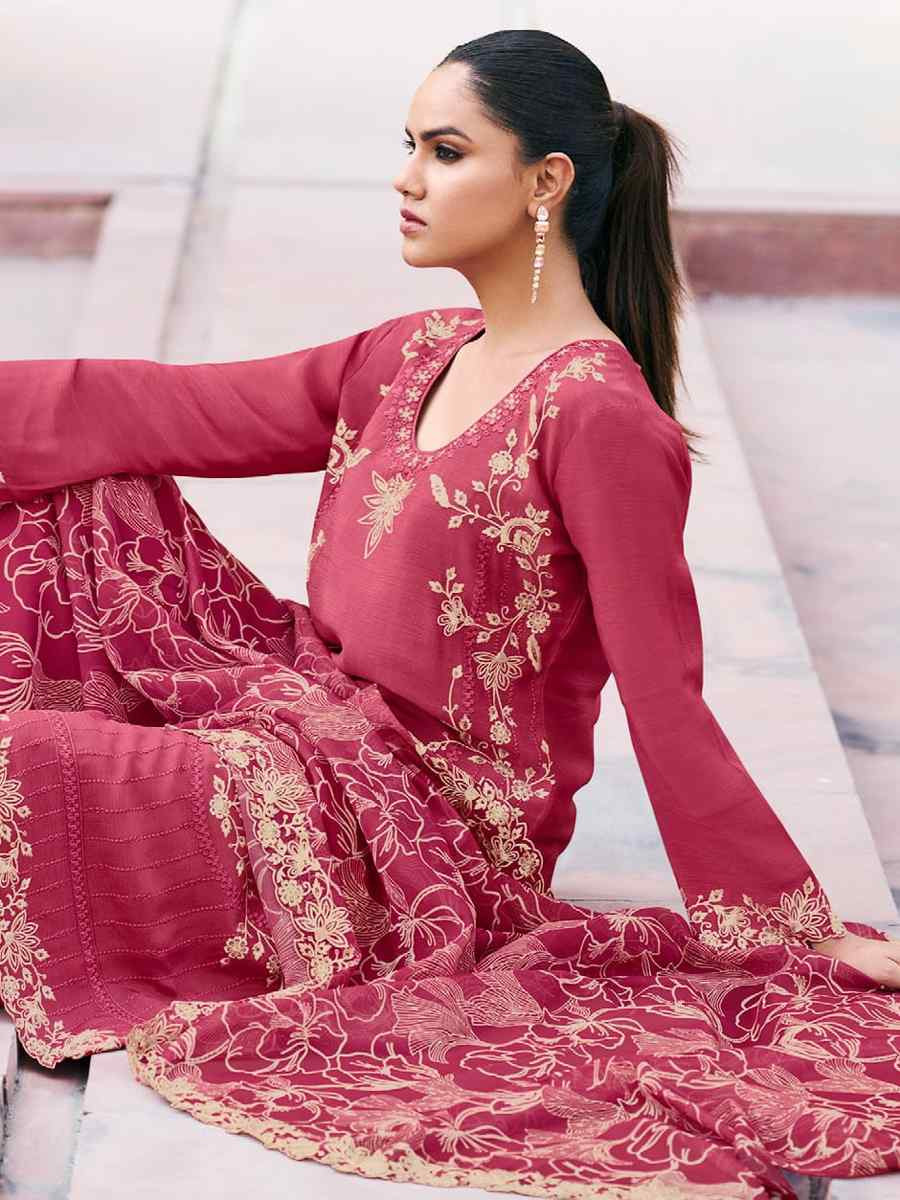 Peach Heavy Premium Chinon Embroidered Festival Wedding Palazzo Pant Salwar Kameez