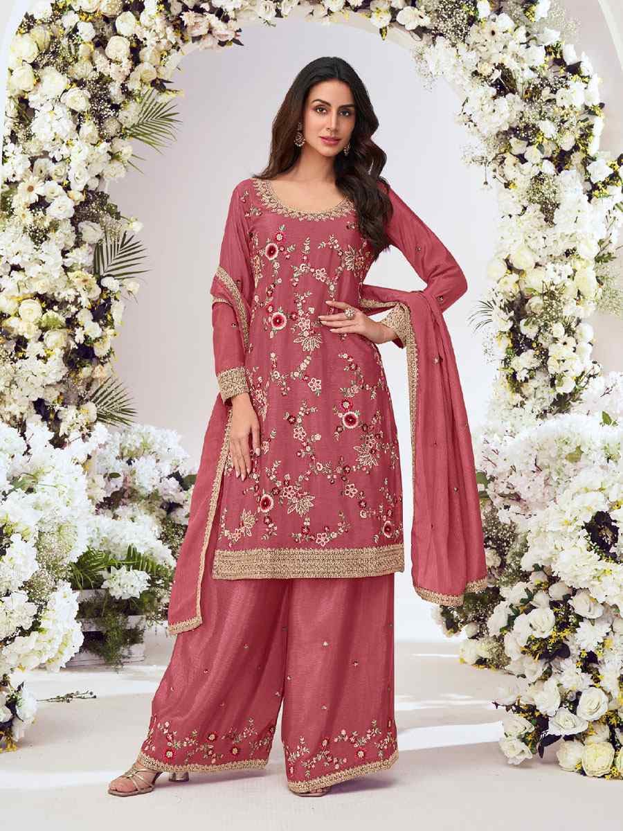 Peach Heavy Premium Chinon Embroidery Party Wedding Festival Casual Ready Palazzo Pant Salwar Kameez
