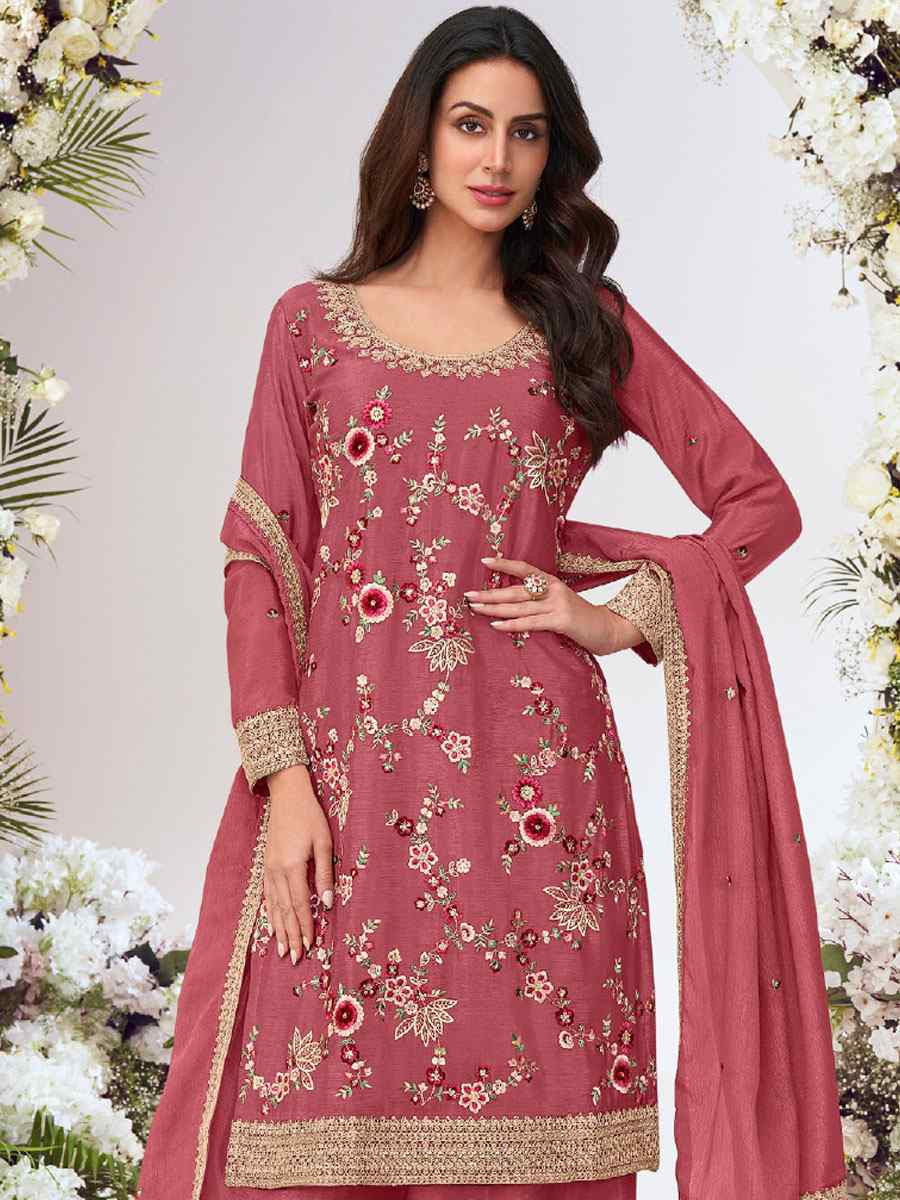 Peach Heavy Premium Chinon Embroidery Party Wedding Festival Casual Ready Palazzo Pant Salwar Kameez