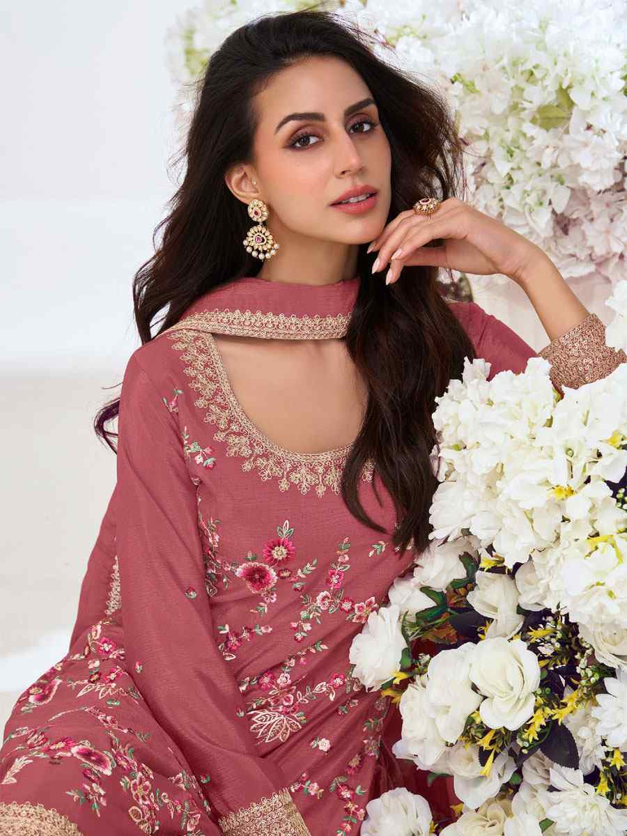Peach Heavy Premium Chinon Embroidery Party Wedding Festival Casual Ready Palazzo Pant Salwar Kameez