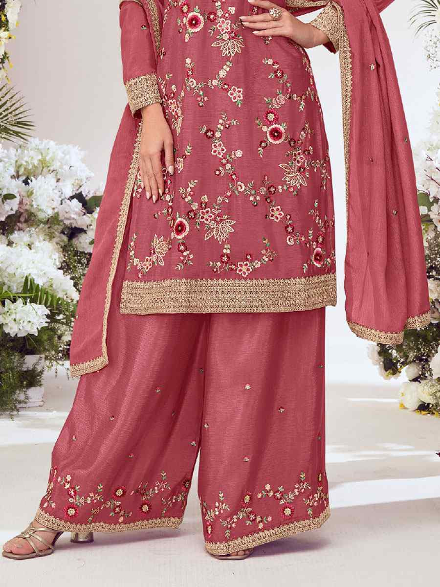 Peach Heavy Premium Chinon Embroidery Party Wedding Festival Casual Ready Palazzo Pant Salwar Kameez