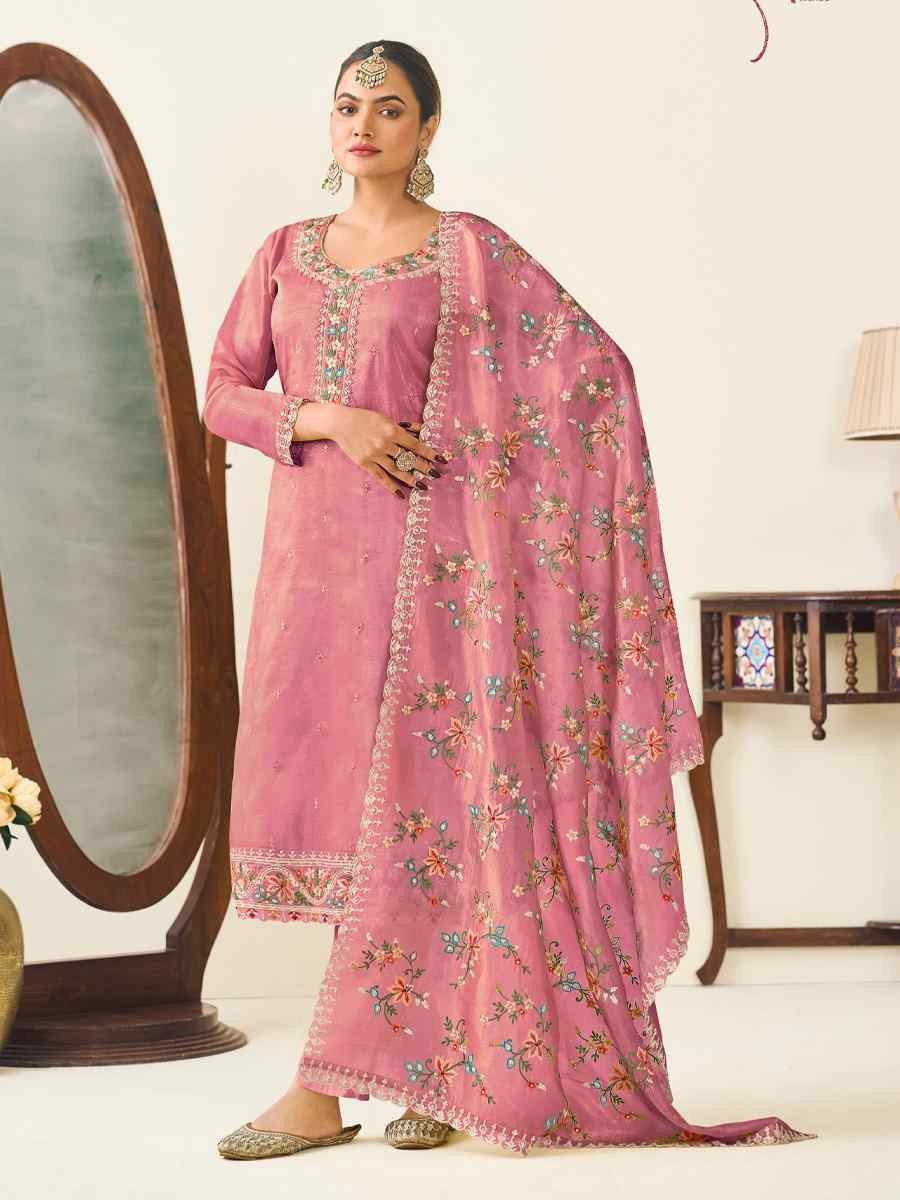 Peach Heavy Premium Gold Crush Silk Embroidered Festival Wedding Pant Salwar Kameez