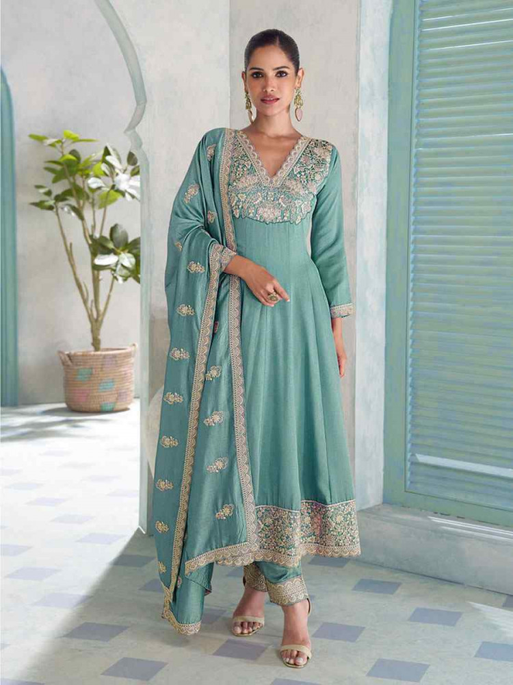 Image of Peach Heavy Premium Silk Embroidery Party Wedding Festival Casual Ready Anarkali Salwar Kameez