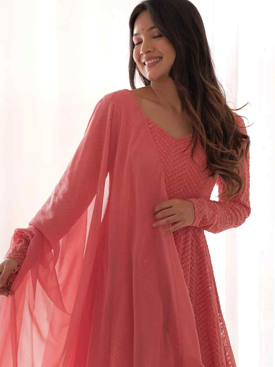 Peach Heavy Pure Soft Fox Georgette Embroidered Party Wedding Ready Anarkali Salwar Kameez