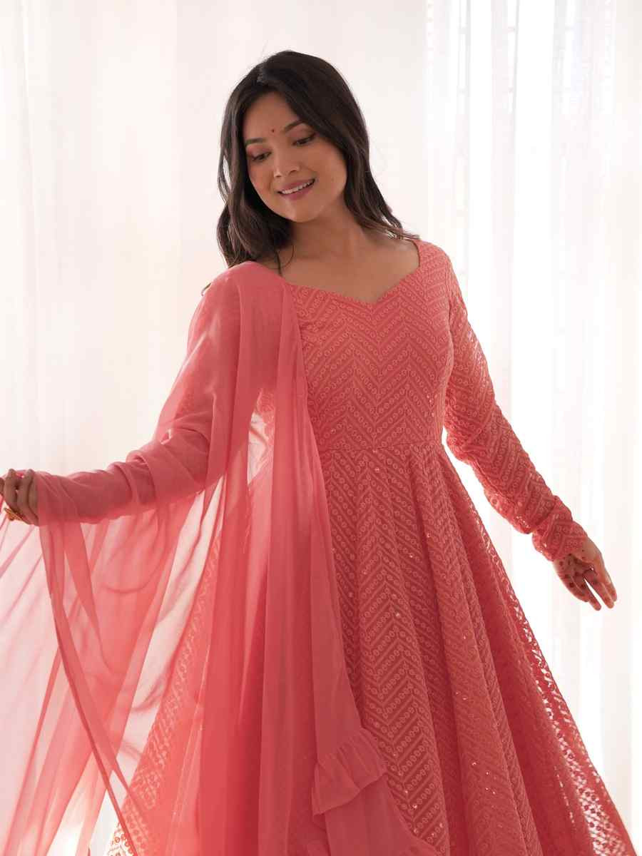 Peach Heavy Pure Soft Fox Georgette Embroidered Party Wedding Ready Anarkali Salwar Kameez
