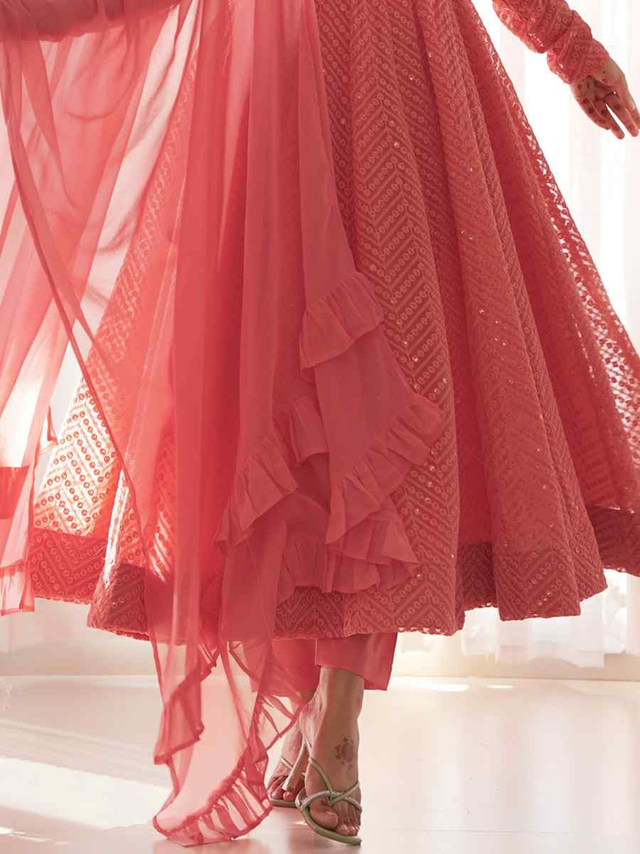 Peach Heavy Pure Soft Fox Georgette Embroidered Party Wedding Ready Anarkali Salwar Kameez