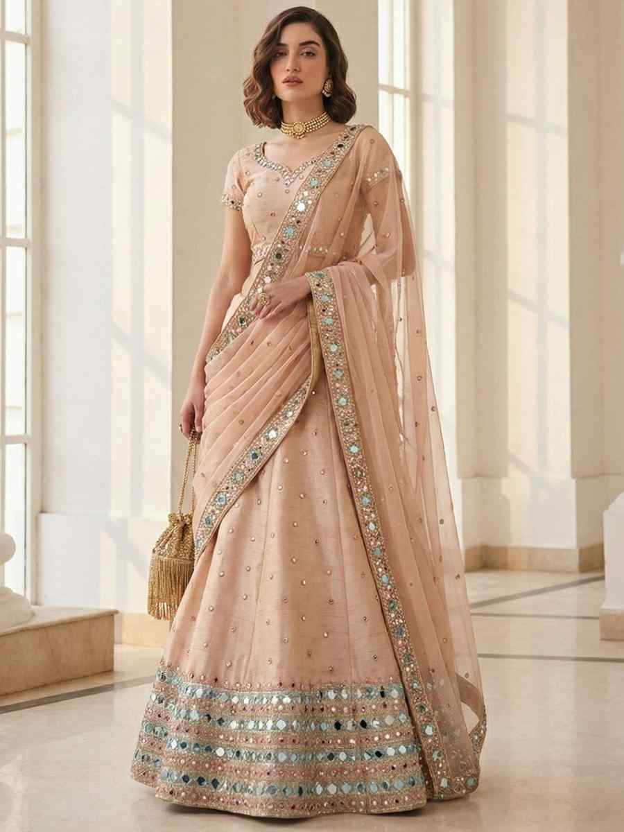 Peach Heavy Silk Embroidery Wedding Reception Festival Heavy Border Lehenga Choli