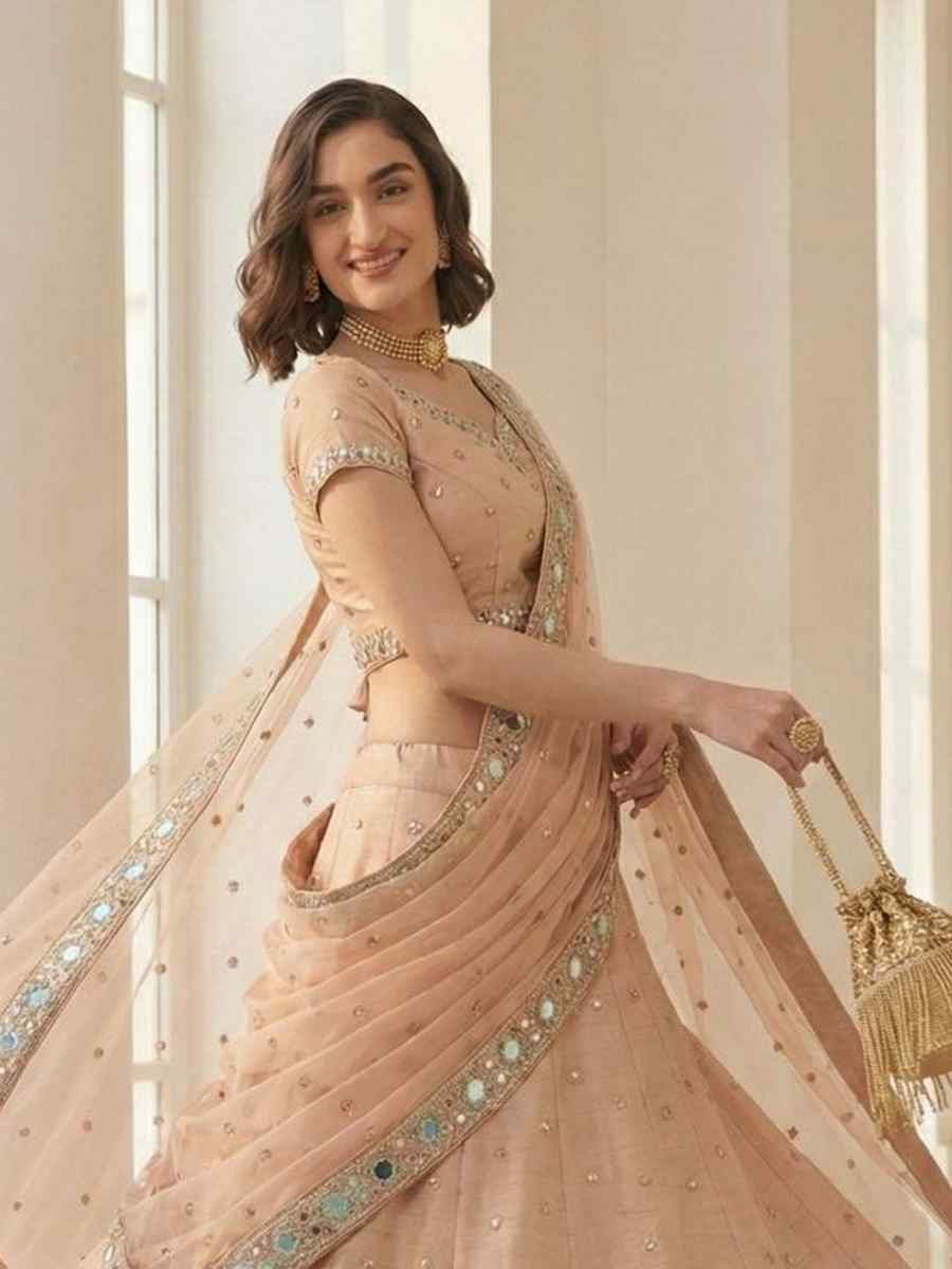 Peach Heavy Silk Embroidery Wedding Reception Festival Heavy Border Lehenga Choli
